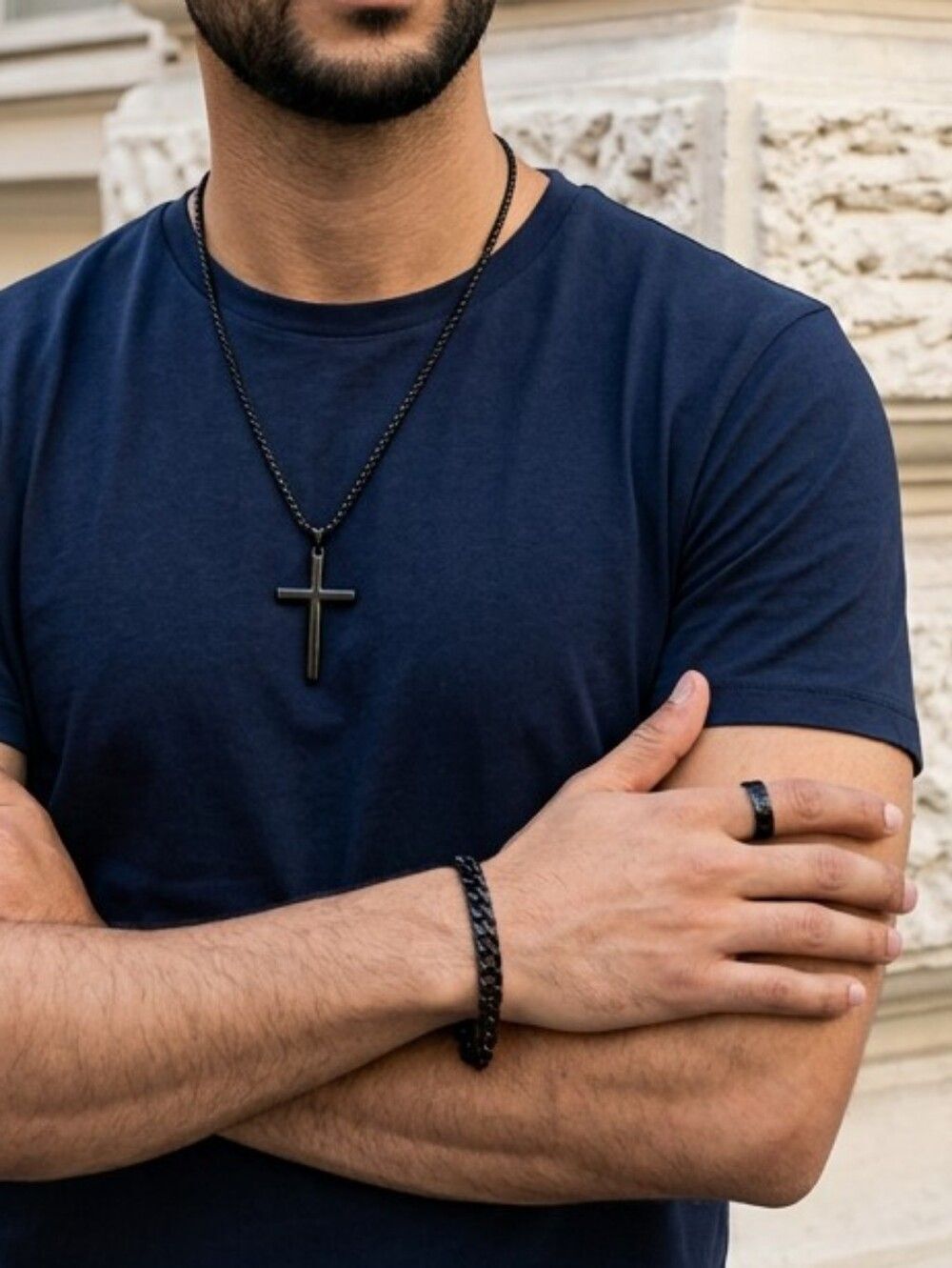Men’s Black Cross Necklace Bracelet Ring 3pc Set Minimalist Faith Grad Gift NWT